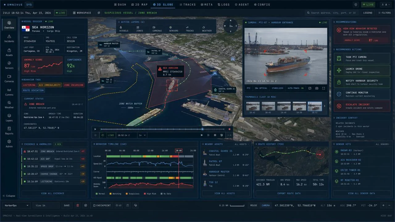 omniVUE workspace for a suspicious vessel in a restricted harbour zone